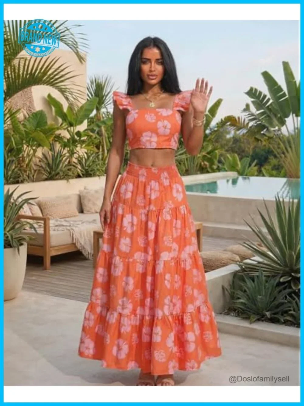 2-Piece Maxi Skirt Set Tropical Floral Boho Vacation Outfit High Waist Ruffle